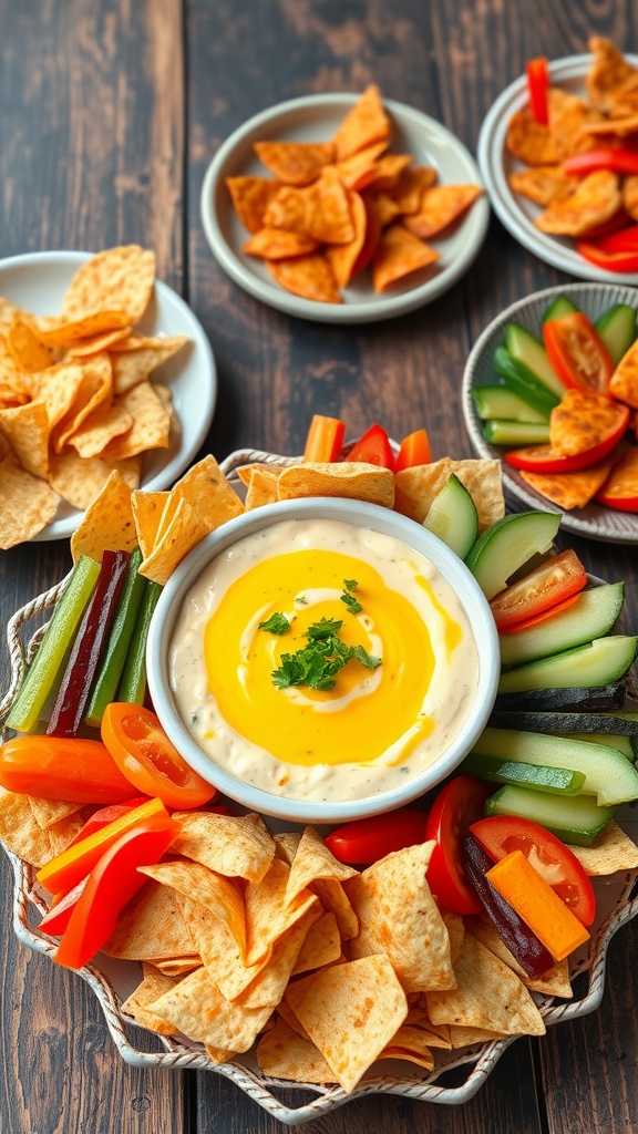 A creamy cheese dip with veggies and tortilla chips on a rustic wooden table.